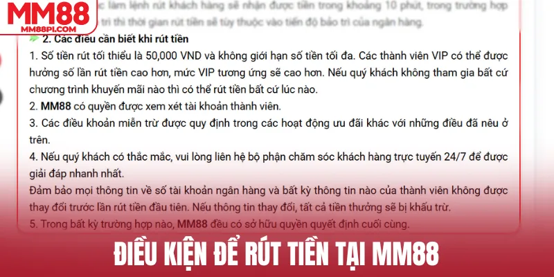 Điều kiện để rút tiền tại MM88