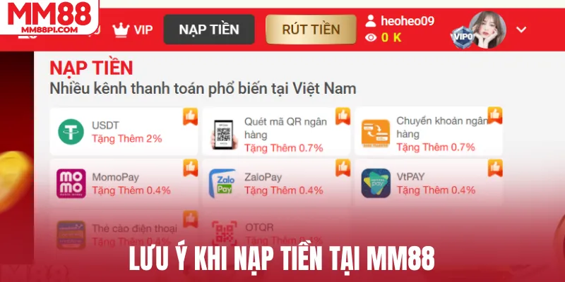 Lưu ý khi nạp tiền MM88